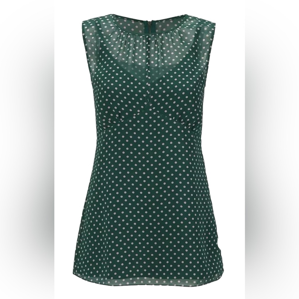 CAbi Size S Flirt Top Green w/Pink Polka Dot with Detachable Green Cami. 2 in 1